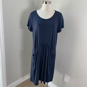 Garnet Hill Womens XL Navy Blue Short Sleeve Pocket Shirt Dress Stretch Casual